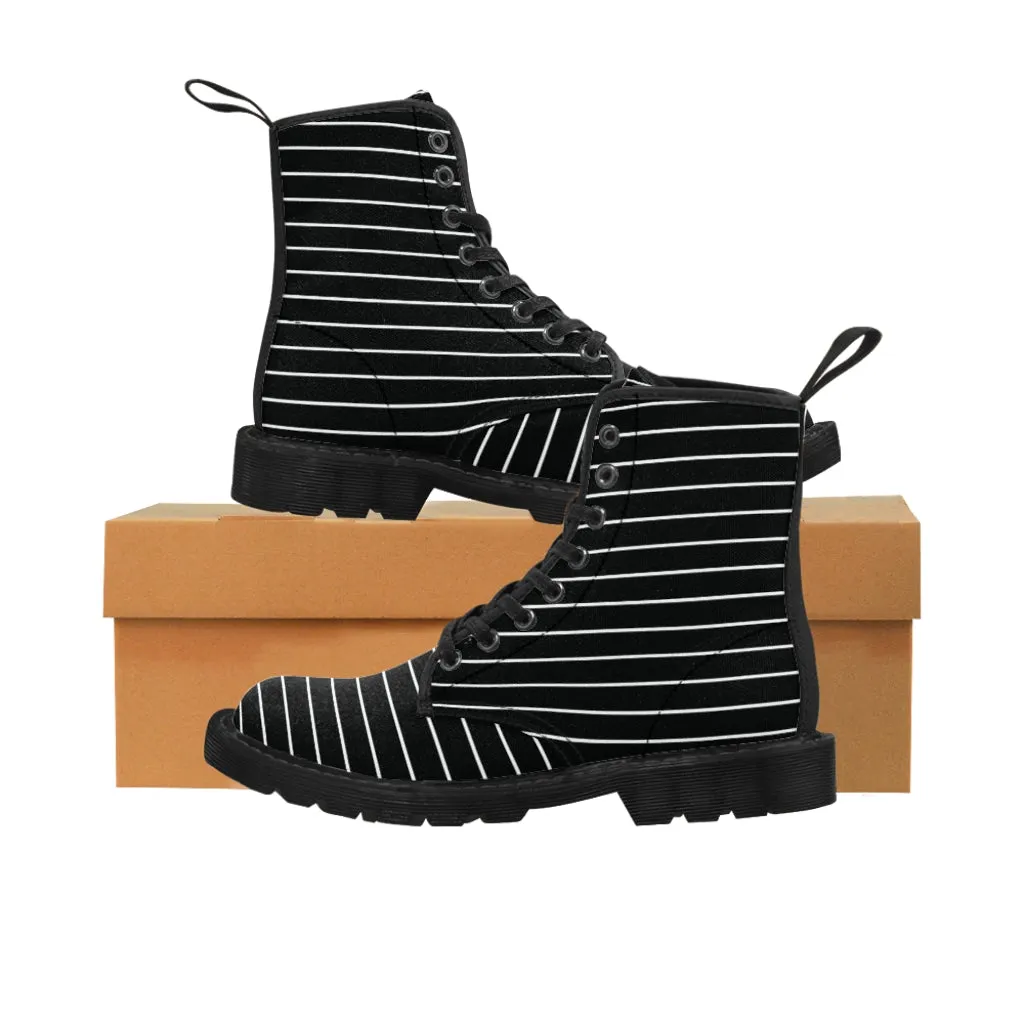 Black White Striped Print Men's Boots, Modern Best Hiking Winter Boots Laced Up Shoes For Men