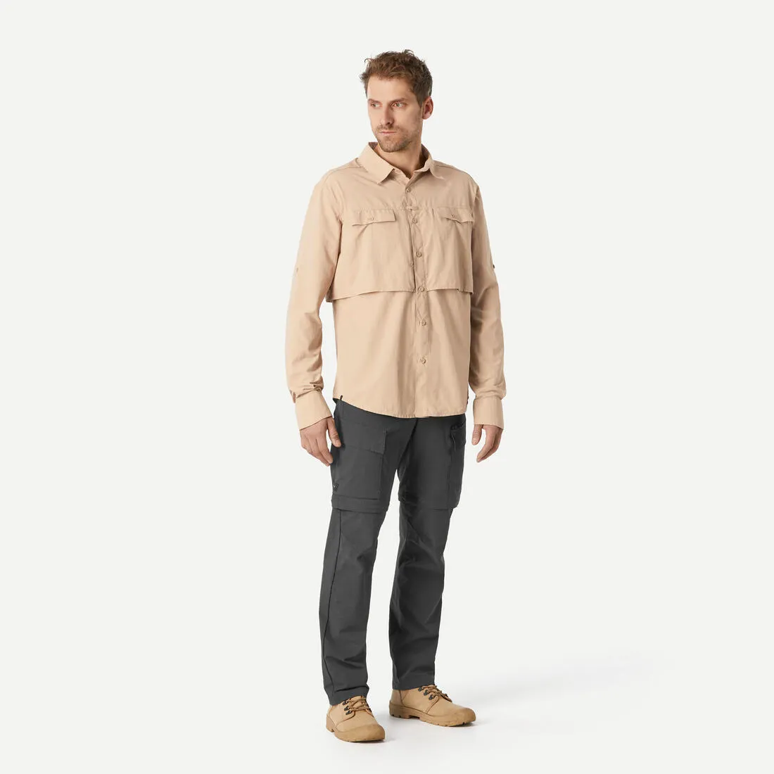Camisa de Montaña y Trekking Hombre Forclaz Desert 500 Anti-UV Beige