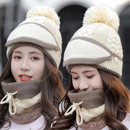 Knitted Hat Winter Warm Hat All-match Mask Bib Plus Velvet Cycling Wool Hat Ear Protection Cap