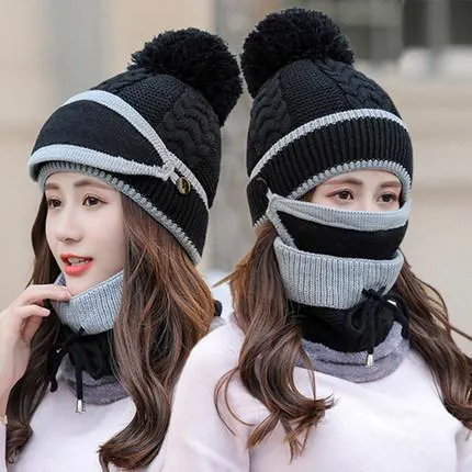 Knitted Hat Winter Warm Hat All-match Mask Bib Plus Velvet Cycling Wool Hat Ear Protection Cap