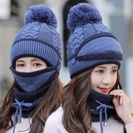 Knitted Hat Winter Warm Hat All-match Mask Bib Plus Velvet Cycling Wool Hat Ear Protection Cap