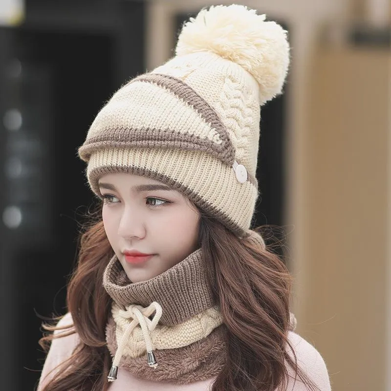 Knitted Hat Winter Warm Hat All-match Mask Bib Plus Velvet Cycling Wool Hat Ear Protection Cap