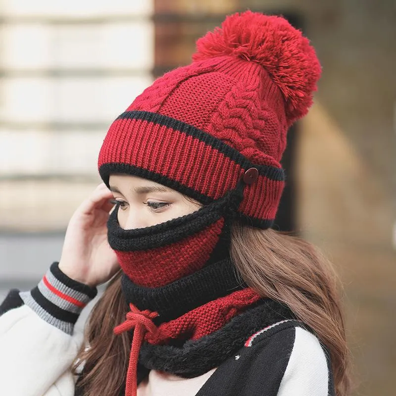 Knitted Hat Winter Warm Hat All-match Mask Bib Plus Velvet Cycling Wool Hat Ear Protection Cap