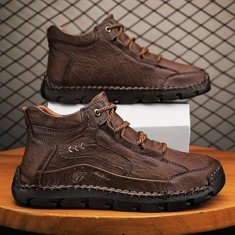 Men's casual leather shoes ankle Chukka boots men's sewn leather lace up ankle boots men's mid top walking driving shoes