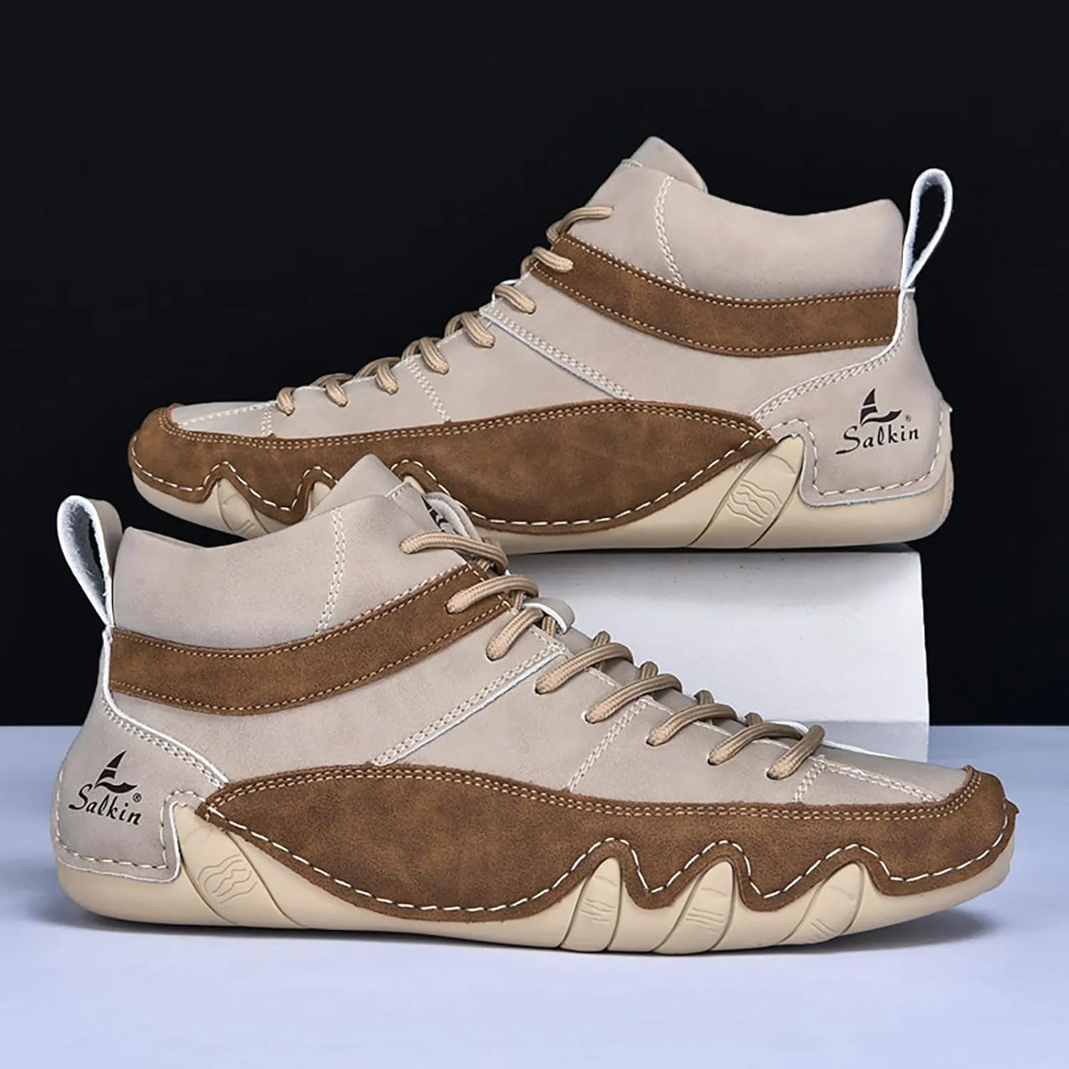 Men'S Leather Handmade Casual Chukka Boots Fashion Lace Up Lightweight Outdoor Mid-Top Sneakers Comfortable Non-Slip Walking Driving Work Shoes