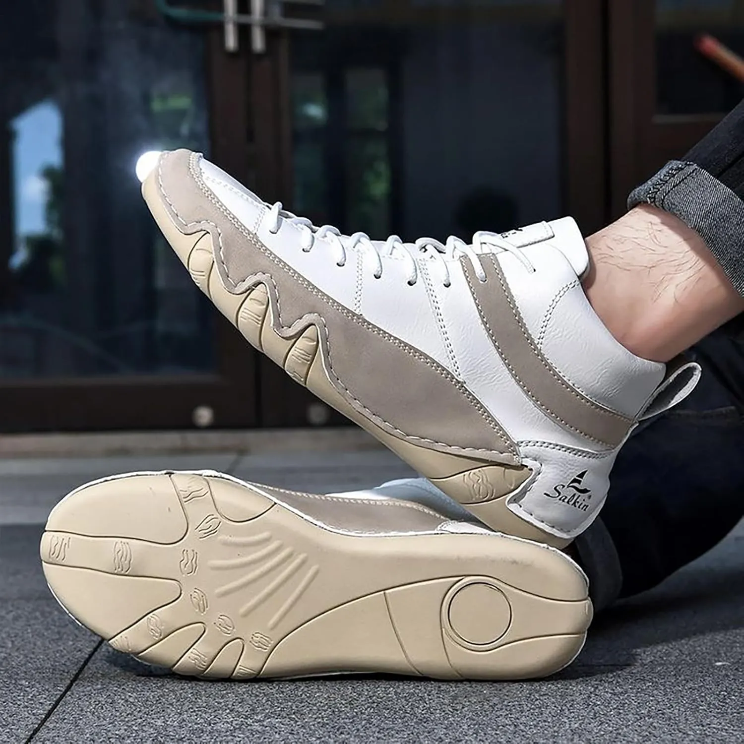 Men'S Leather Handmade Casual Chukka Boots Fashion Lace Up Lightweight Outdoor Mid-Top Sneakers Comfortable Non-Slip Walking Driving Work Shoes