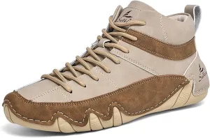 Men'S Leather Handmade Casual Chukka Boots Fashion Lace Up Lightweight Outdoor Mid-Top Sneakers Comfortable Non-Slip Walking Driving Work Shoes