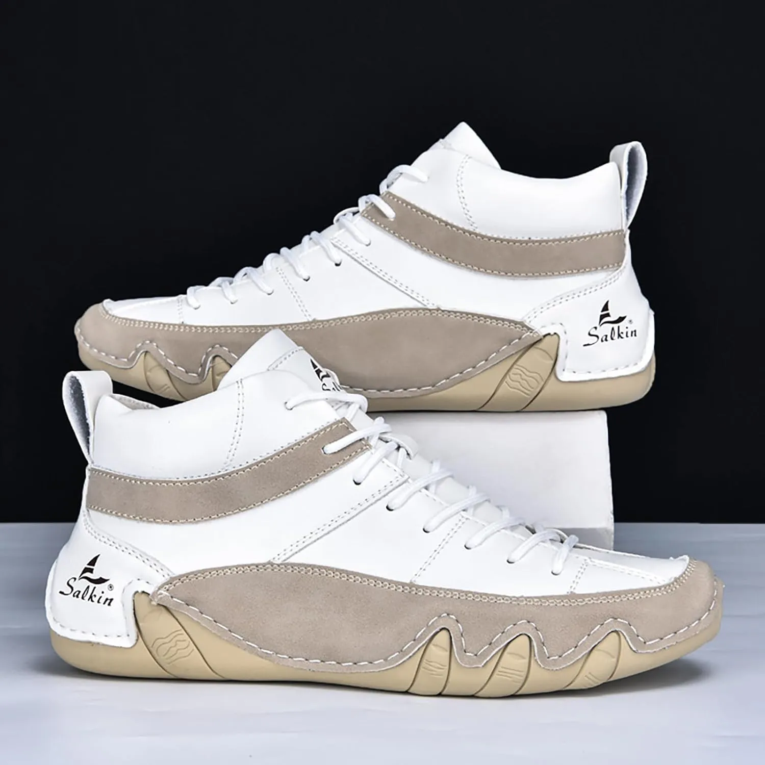 Men'S Leather Handmade Casual Chukka Boots Fashion Lace Up Lightweight Outdoor Mid-Top Sneakers Comfortable Non-Slip Walking Driving Work Shoes