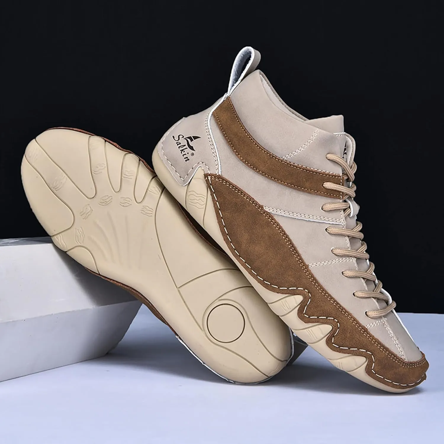 Men'S Leather Handmade Casual Chukka Boots Fashion Lace Up Lightweight Outdoor Mid-Top Sneakers Comfortable Non-Slip Walking Driving Work Shoes
