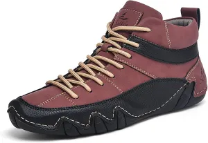Men'S Leather Handmade Casual Chukka Boots Fashion Lace Up Lightweight Outdoor Mid-Top Sneakers Comfortable Non-Slip Walking Driving Work Shoes