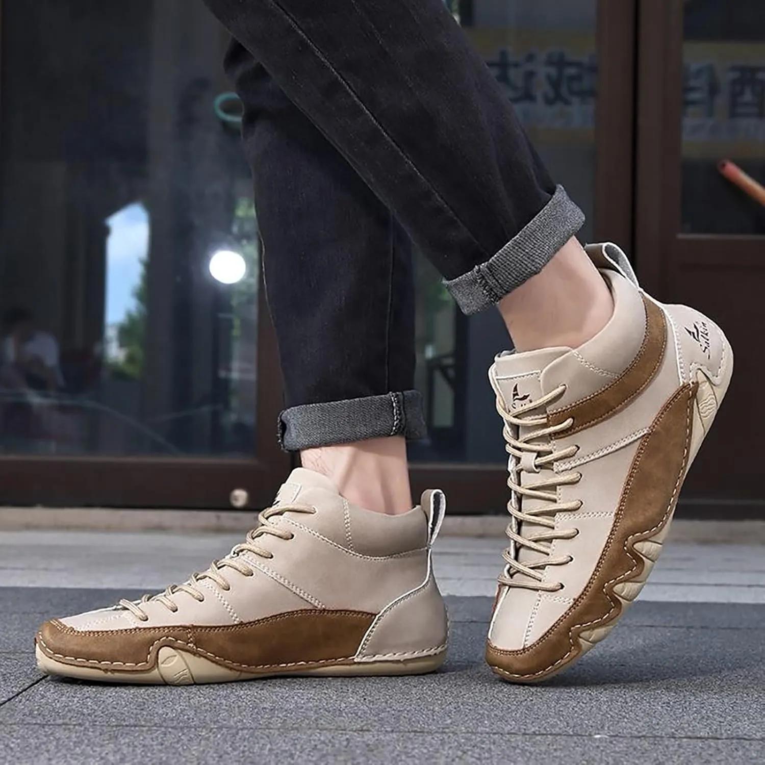 Men'S Leather Handmade Casual Chukka Boots Fashion Lace Up Lightweight Outdoor Mid-Top Sneakers Comfortable Non-Slip Walking Driving Work Shoes