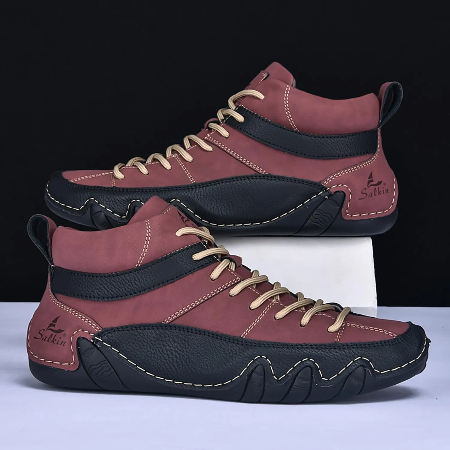 Men'S Leather Handmade Casual Chukka Boots Fashion Lace Up Lightweight Outdoor Mid-Top Sneakers Comfortable Non-Slip Walking Driving Work Shoes