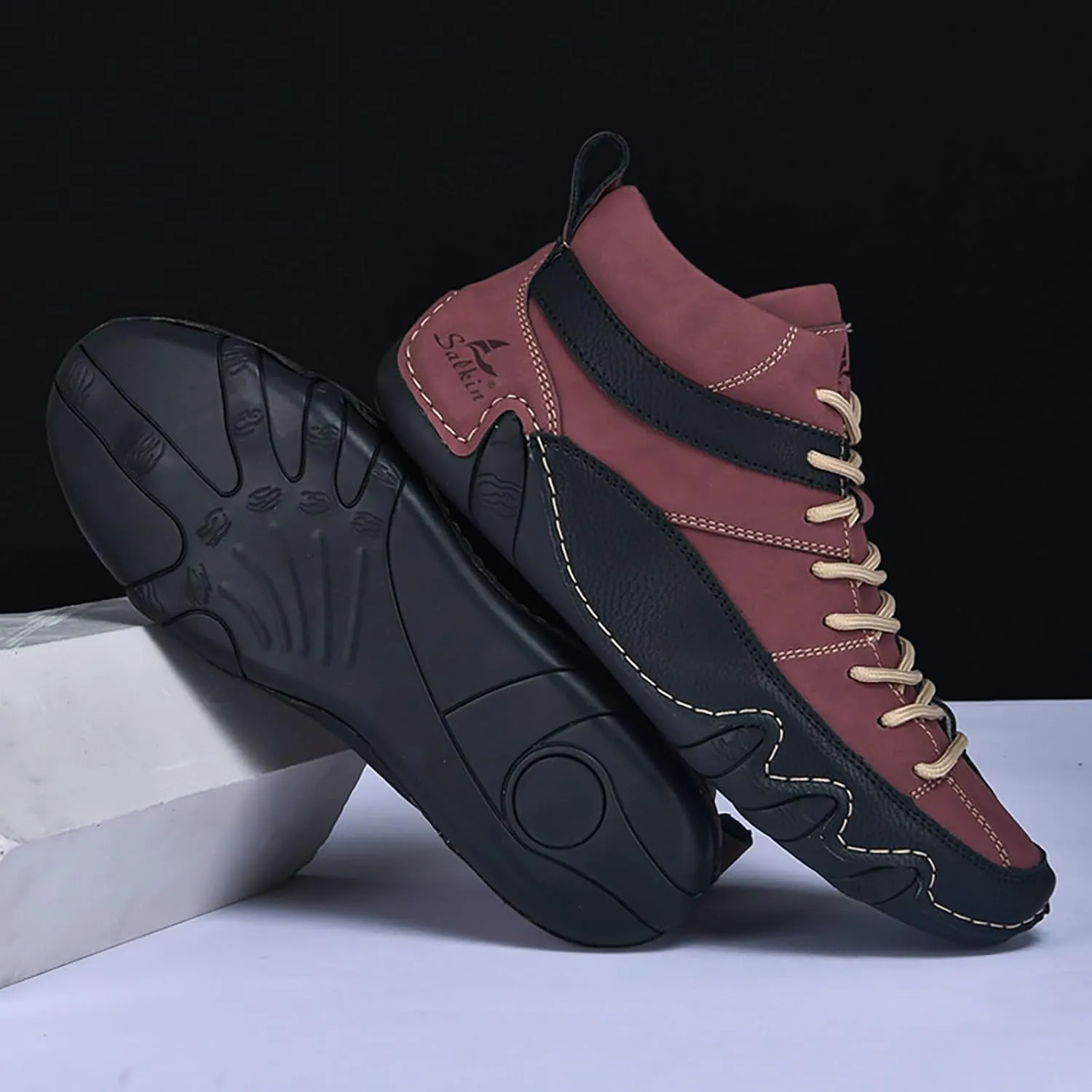 Men'S Leather Handmade Casual Chukka Boots Fashion Lace Up Lightweight Outdoor Mid-Top Sneakers Comfortable Non-Slip Walking Driving Work Shoes