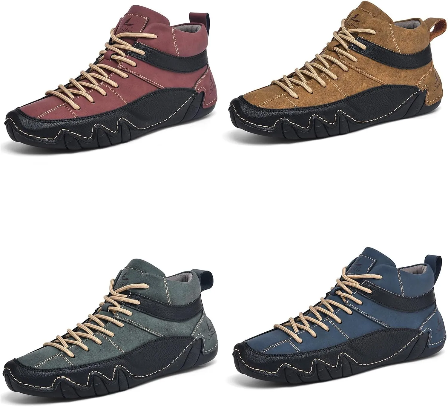 Men'S Leather Handmade Casual Chukka Boots Fashion Lace Up Lightweight Outdoor Mid-Top Sneakers Comfortable Non-Slip Walking Driving Work Shoes