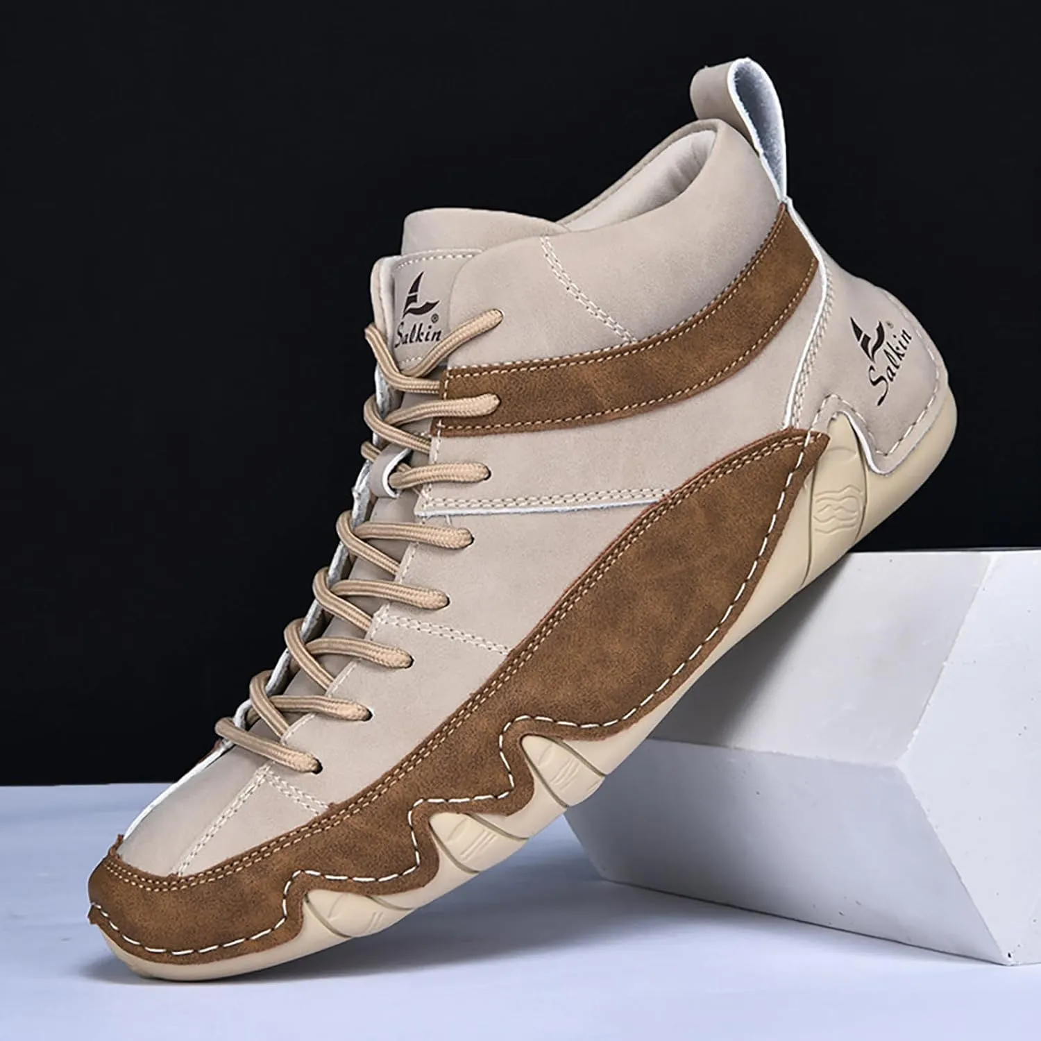 Men'S Leather Handmade Casual Chukka Boots Fashion Lace Up Lightweight Outdoor Mid-Top Sneakers Comfortable Non-Slip Walking Driving Work Shoes