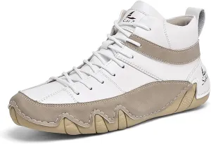 Men'S Leather Handmade Casual Chukka Boots Fashion Lace Up Lightweight Outdoor Mid-Top Sneakers Comfortable Non-Slip Walking Driving Work Shoes