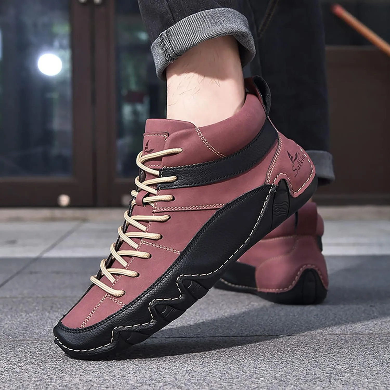Men'S Leather Handmade Casual Chukka Boots Fashion Lace Up Lightweight Outdoor Mid-Top Sneakers Comfortable Non-Slip Walking Driving Work Shoes