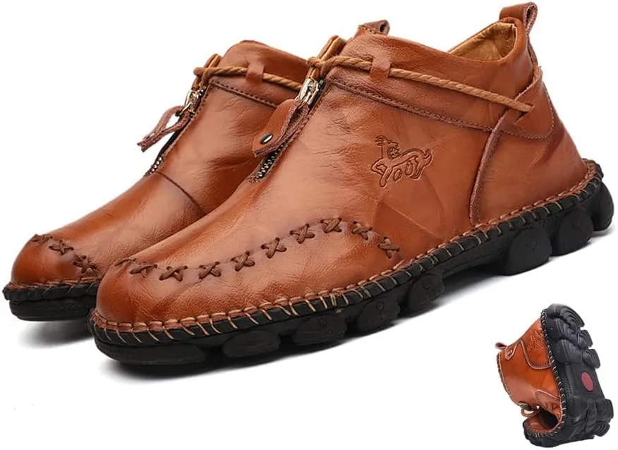 Mens Soft Leather Lace-Up Loafers Mid Top Vintage Hand Stitching Ankle Chukka Boots Outdoor Non-Slip Work Trekking Shoes