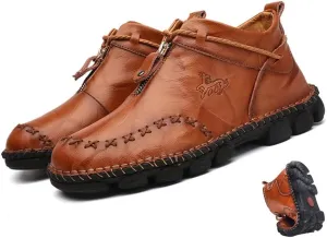 Mens Soft Leather Lace-Up Loafers Mid Top Vintage Hand Stitching Ankle Chukka Boots Outdoor Non-Slip Work Trekking Shoes
