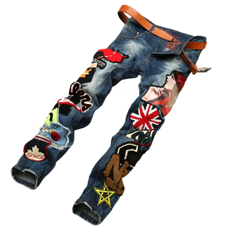 Motorcycle Jeans Embroidery Straight Men's Patchwork Streetwear Jeans