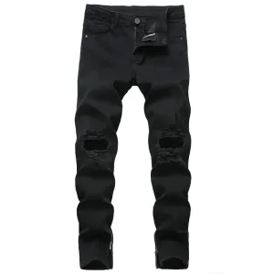 Zipper Pencil Pants Elasticity Men's Ripped Jeans Mid Waist Jeans