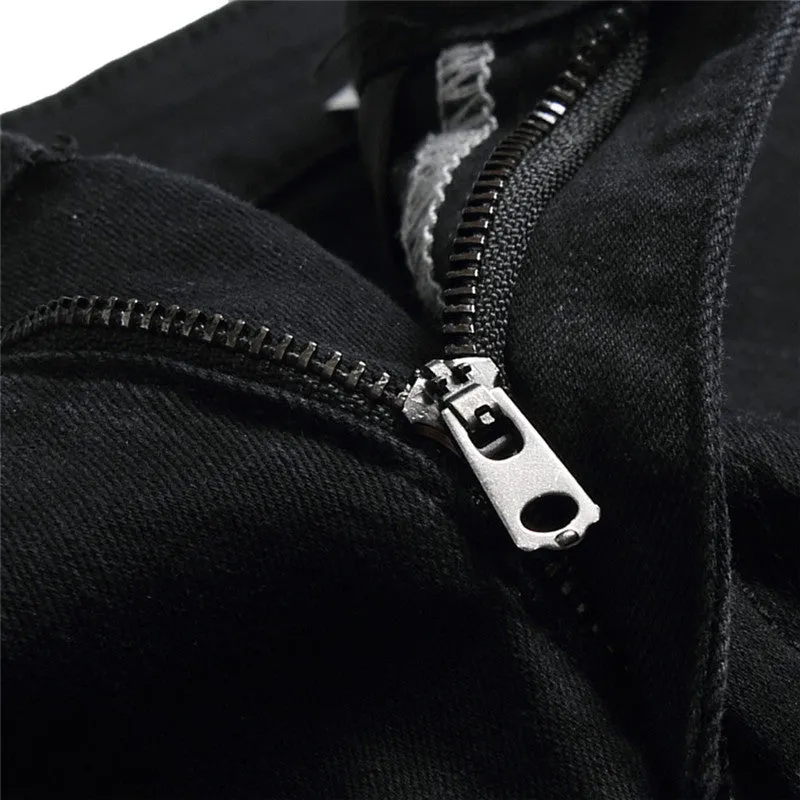 Zipper Pencil Pants Elasticity Men's Ripped Jeans Mid Waist Jeans