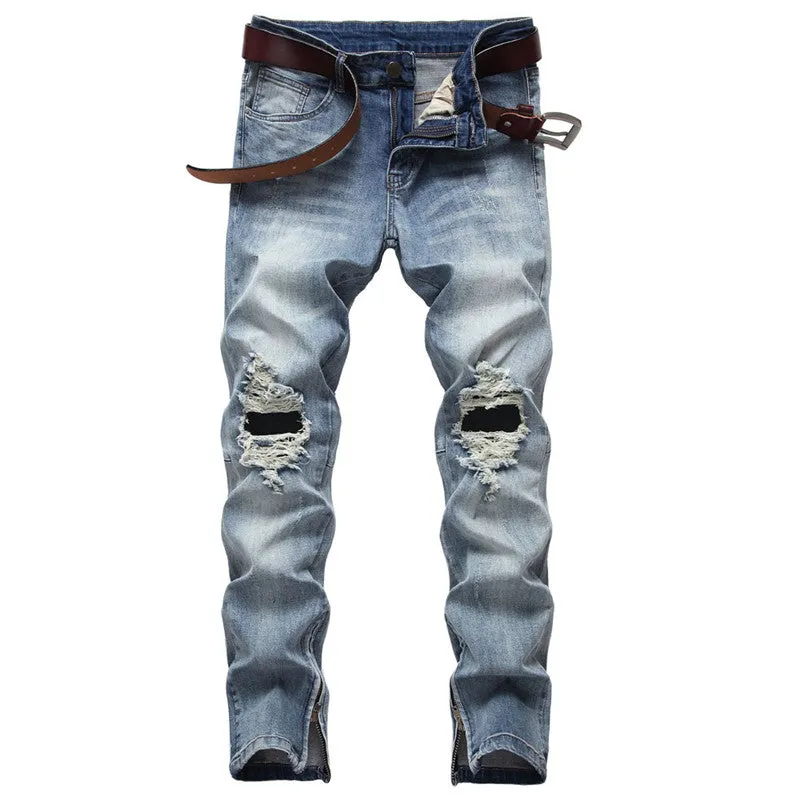 Zipper Pencil Pants Elasticity Men's Ripped Jeans Mid Waist Jeans