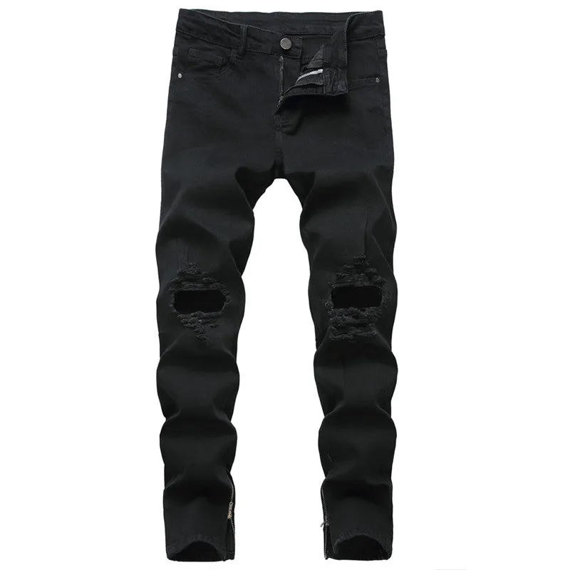 Zipper Pencil Pants Elasticity Men's Ripped Jeans Mid Waist Jeans
