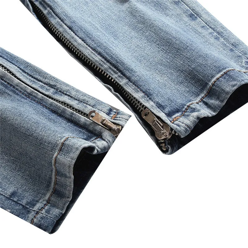 Zipper Pencil Pants Elasticity Men's Ripped Jeans Mid Waist Jeans