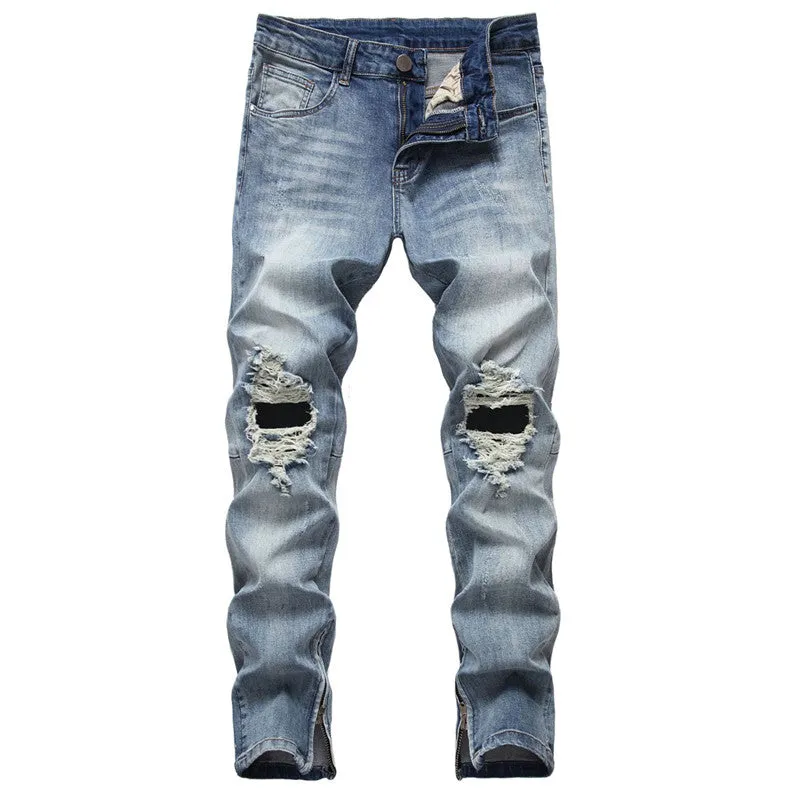 Zipper Pencil Pants Elasticity Men's Ripped Jeans Mid Waist Jeans