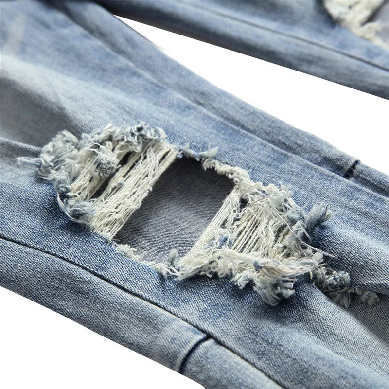 Zipper Pencil Pants Elasticity Men's Ripped Jeans Mid Waist Jeans